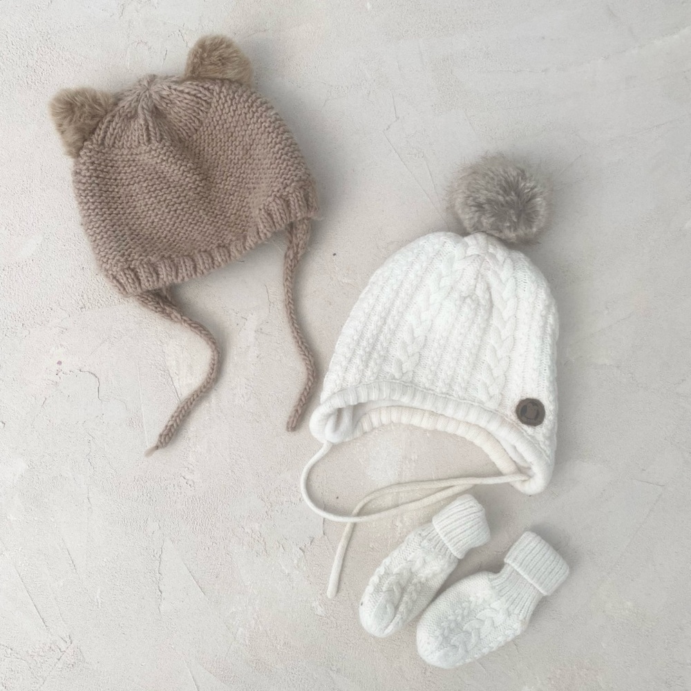 SET. Zara Cozy Knit Bear Ear Hat and H&M Pom-Pom hat and gloves for Baby
